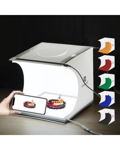 Cort Foto PULUZ PU5137 20cm cu LED 1100 Lumeni și 6 Fundaluri, Pliabil pentru Fotografie de Produs