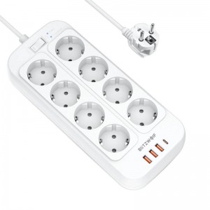 Incarcator Prelungitor BlitzWolf BW-PC2, 8 prize, 3x USB, 1x USB-C, 2500W, 2m - Alb