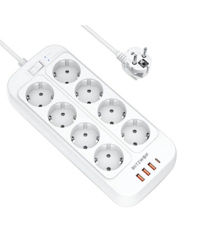 Incarcator Prelungitor BlitzWolf BW-PC2, 8 prize, 3x USB, 1x USB-C, 2500W, 2m - Alb