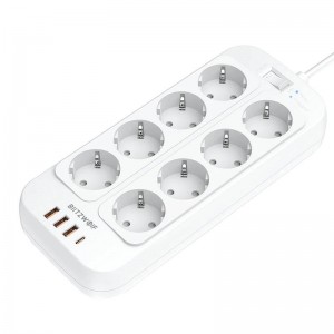 Incarcator Prelungitor BlitzWolf BW-PC2, 8 prize, 3x USB, 1x USB-C, 2500W, 2m - Alb