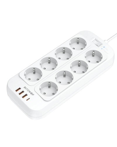 Incarcator Prelungitor BlitzWolf BW-PC2, 8 prize, 3x USB, 1x USB-C, 2500W, 2m - Alb