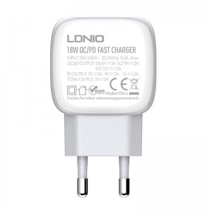 Incarcator de retea LDNIO A2313C, 1x USB, 1x USB Type-C, QC 3.0, PD, 20W - Alb