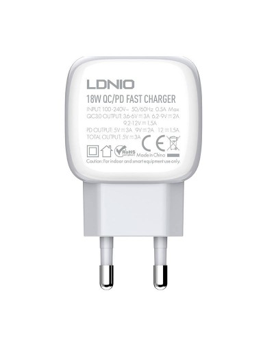 Incarcator de retea LDNIO A2313C, 1x USB, 1x USB Type-C, QC 3.0, PD, 20W - Alb