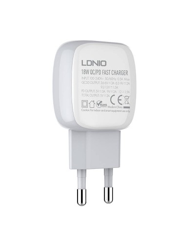 Incarcator de retea LDNIO A2313C, 1x USB, 1x USB Type-C, QC 3.0, PD, 20W - Alb