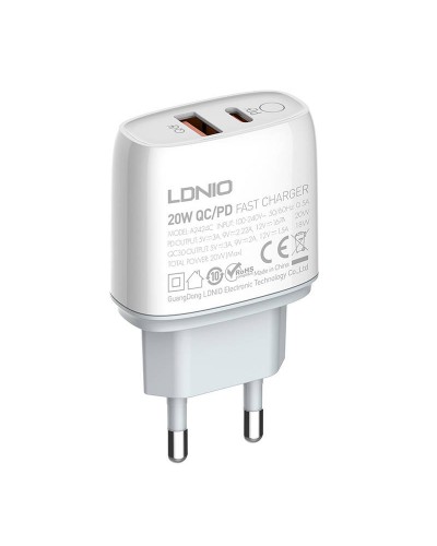 Incarcator de retea LDNIO A2424C, 1x USB, 1x USB-C, PD, QC 3.0, 20W - Alb