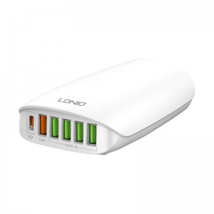Incarcator de retea LDNIO A6573C, 5x USB, 1x USB Type-C, 65W, PD, QC 3.0, 1.5m - Alb