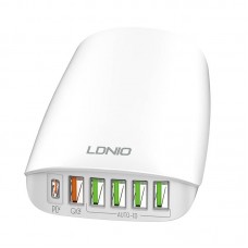 Incarcator de retea LDNIO A6573C, 5x USB, 1x USB Type-C, 65W, PD, QC 3.0,  1.5m - Alb