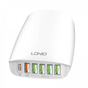 Incarcator de retea LDNIO A6573C, 5x USB, 1x USB Type-C, 65W, PD, QC 3.0, 1.5m - Alb