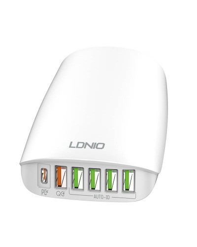 Incarcator de retea LDNIO A6573C, 5x USB, 1x USB Type-C, 65W, PD, QC 3.0,  1.5m - Alb