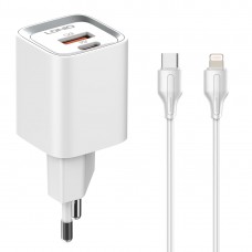 Incarcator de retea MFi LDNIO A2318M, 1x USB, 1x USB-C, 20W, cablu Type-C to Lightning - Alb