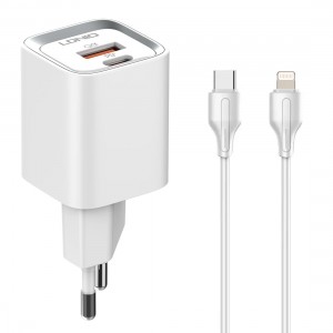 Incarcator de retea MFi LDNIO A2318M, 1x USB, 1x USB-C, 20W, cablu Type-C to Lightning - Alb