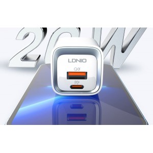 Incarcator de retea MFi LDNIO A2318M, 1x USB, 1x USB-C, 20W, cablu Type-C to Lightning - Alb