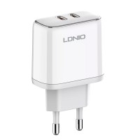 Incarcator de retea MFi LDNIO A2528M, 2x USB-C, 35W, cablu Type-C to Lightning - Alb