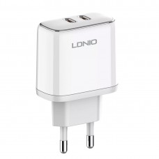 Incarcator de retea MFi LDNIO A2528M, 2x USB-C, 35W, cablu Type-C to Lightning - Alb