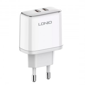 Incarcator de retea MFi LDNIO A2528M, 2x USB-C, 35W, cablu Type-C to Lightning - Alb