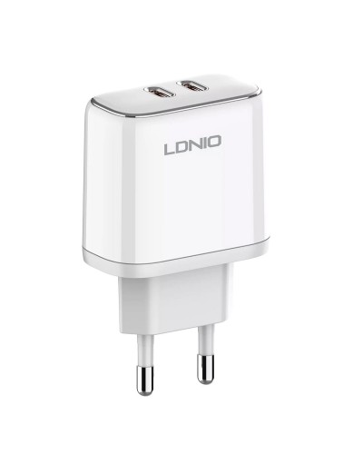 Incarcator de retea MFi LDNIO A2528M, 2x USB-C, 35W, cablu Type-C to Lightning - Alb