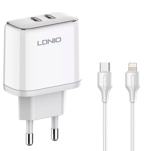 Incarcator de retea MFi LDNIO A2528M, 2x USB-C, 35W, cablu Type-C to Lightning - Alb