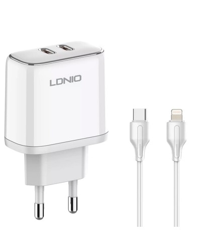 Incarcator de retea MFi LDNIO A2528M, 2x USB-C, 35W, cablu Type-C to Lightning - Alb