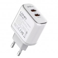 Incarcator de retea MFi LDNIO A2528M, 2x USB-C, 35W, cablu Type-C to Lightning - Alb