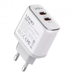 Incarcator de retea MFi LDNIO A2528M, 2x USB-C, 35W, cablu Type-C to Lightning - Alb