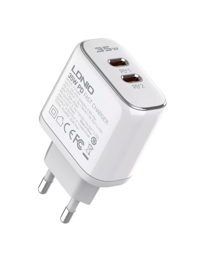 Incarcator de retea MFi LDNIO A2528M, 2x USB-C, 35W, cablu Type-C to Lightning - Alb