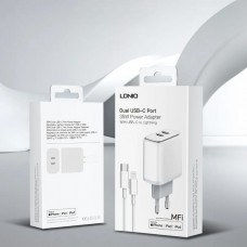 Incarcator de retea MFi LDNIO A2528M, 2x USB-C, 35W, cablu Type-C to Lightning - Alb