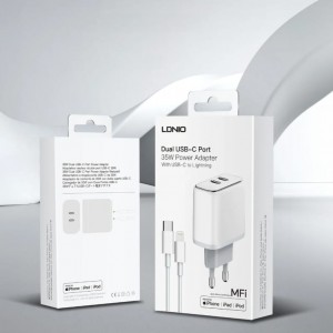 Incarcator de retea MFi LDNIO A2528M, 2x USB-C, 35W, cablu Type-C to Lightning - Alb
