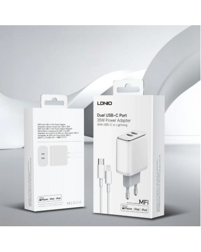Incarcator de retea MFi LDNIO A2528M, 2x USB-C, 35W, cablu Type-C to Lightning - Alb