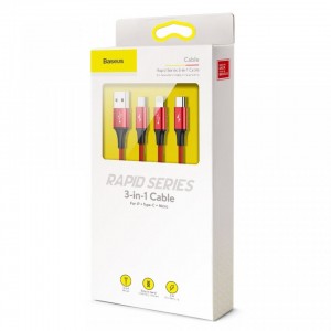 Cablu 3in1 BASEUS Rapid Micro USB / Type-C / Lightning, 3A, 1.2m - Rosu