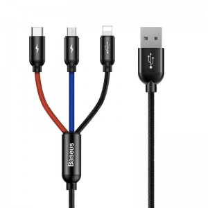 Cablu Baseus 3 în 1 (Micro + Lightning + USB-C) 3A 1.2m Negru