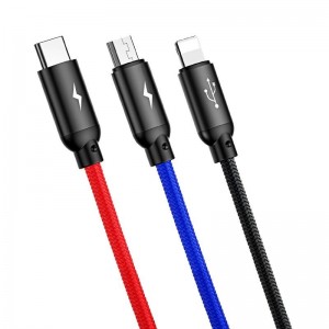 Cablu Baseus 3 în 1 (Micro + Lightning + USB-C) 3A 1.2m Negru
