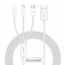 Cablu Baseus 3 în 1 (Micro + Lightning + USB-C) 3.5A 1.2m Alb