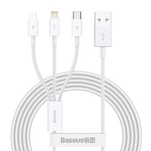 Cablu Baseus 3 în 1 (Micro + Lightning + USB-C) 3.5A 1.2m Alb
