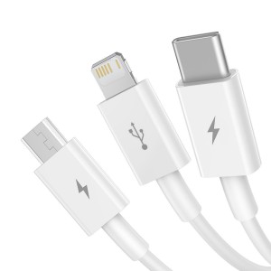 Cablu Baseus 3 în 1 (Micro + Lightning + USB-C) 3.5A 1.2m Alb