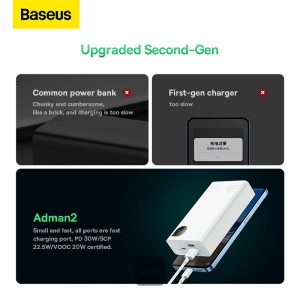 Baterie Externa BASEUS Adaman2 Digital Display Fast Charge Power Bank 20000mAh 30W - Alb