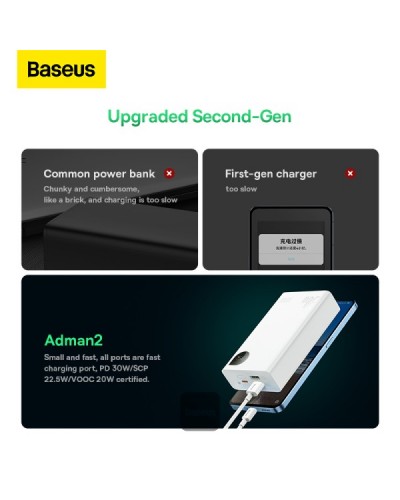 Baterie Externa BASEUS Adaman2 Digital Display Fast Charge Power Bank 20000mAh 30W - Alb