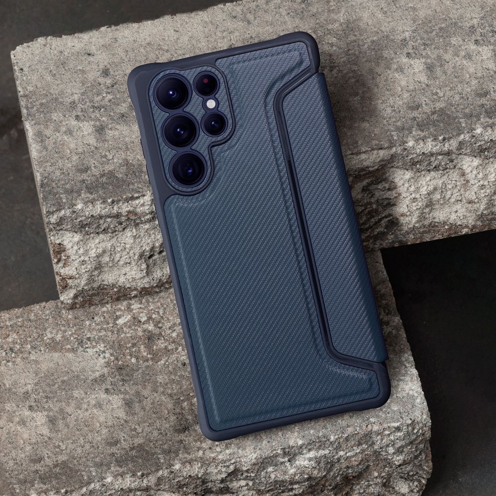 Husă antishock MANGUSTA RAZOR Book Samsung Galaxy A13 5G A04s Albastru - textură carbon și colțuri întărite