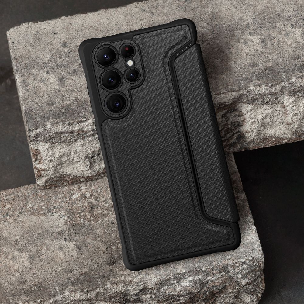 Husă antishock MANGUSTA RAZOR Book Samsung Galaxy A13 5G A04s Negru - textură carbon și colțuri întărite