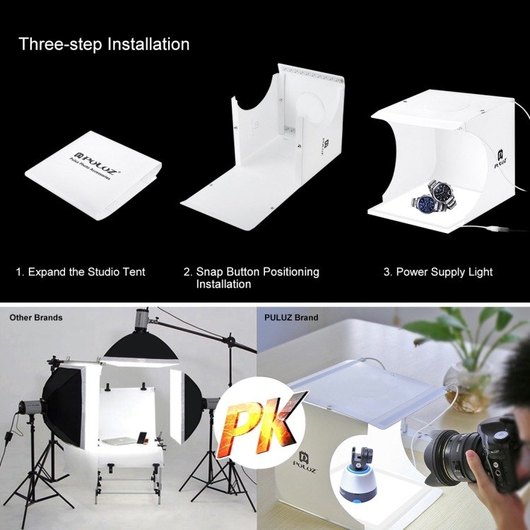 Cort foto PULUZ PU5137 20cm cu iluminare LED 1100 lumeni pentru fotografie de produs fără umbre