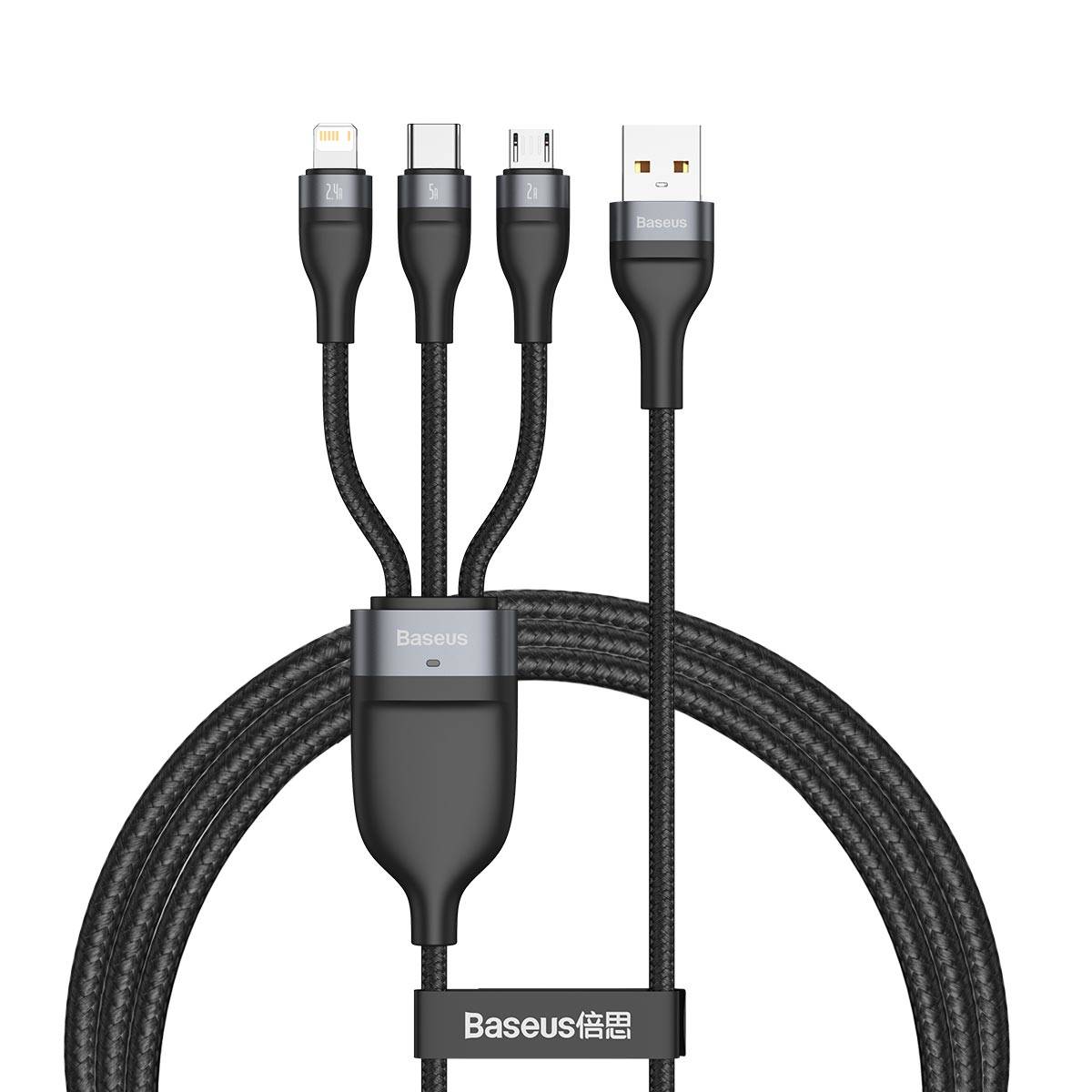 Cablu 3in1 BASEUS Flash Series USB to Micro USB / Type-C / Lightning, 66W, 5A, 1.2m - Negru