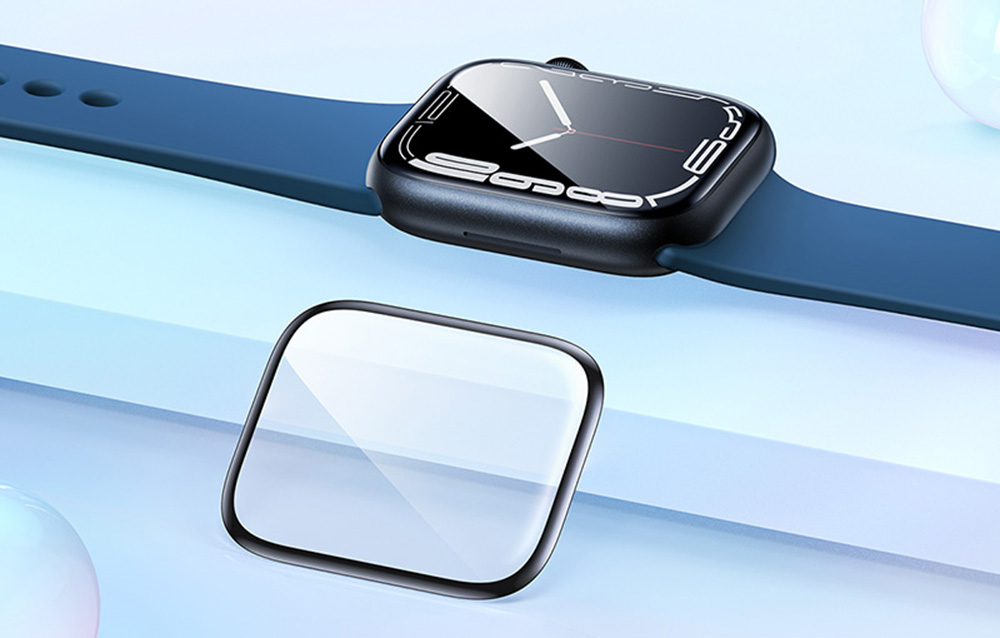 Folie Baseus Apple Watch 40mm Negru - detaliu material PMMA+PC și aplicare pe ecran curbat